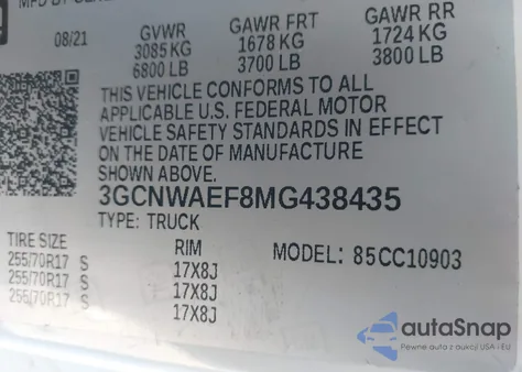 2021 Chevrolet Silverado 1500 2Wd Long Bed Wt из США, поврежденный, VIN 3GCNWAEF8MG438435